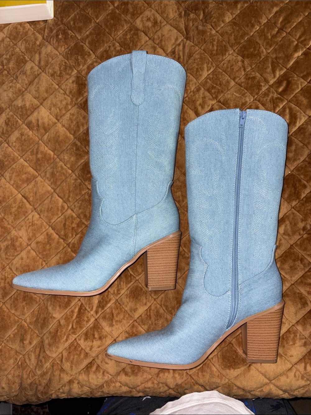Miss Lola Light Blue Western Block Heel Boots
